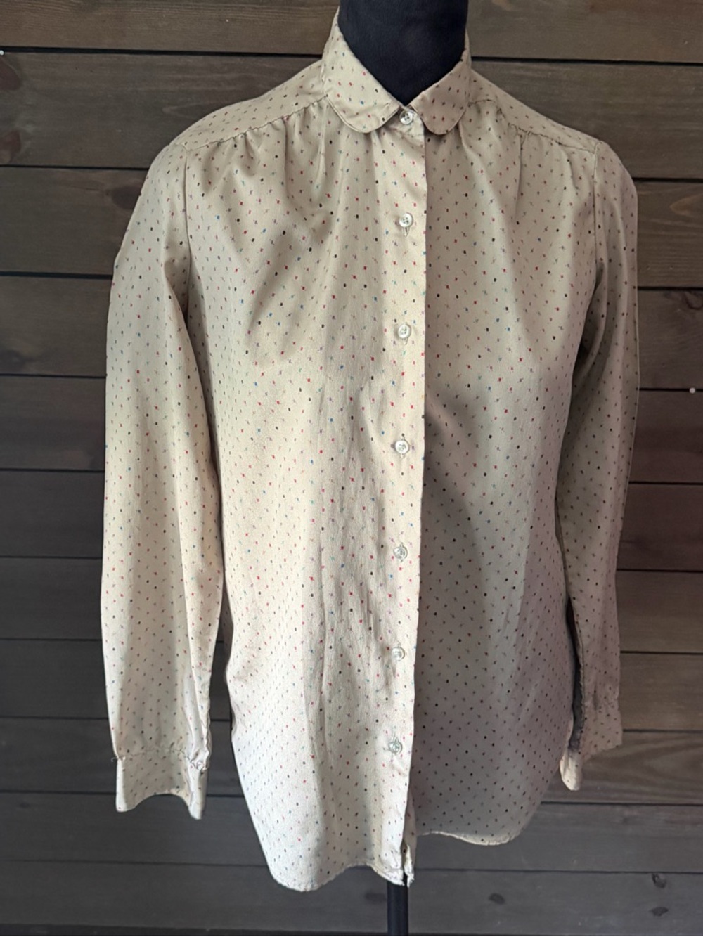 Adelaar Vintage Sage Green & Multicolor Dot Button Long Sleeve Blouse Size 10